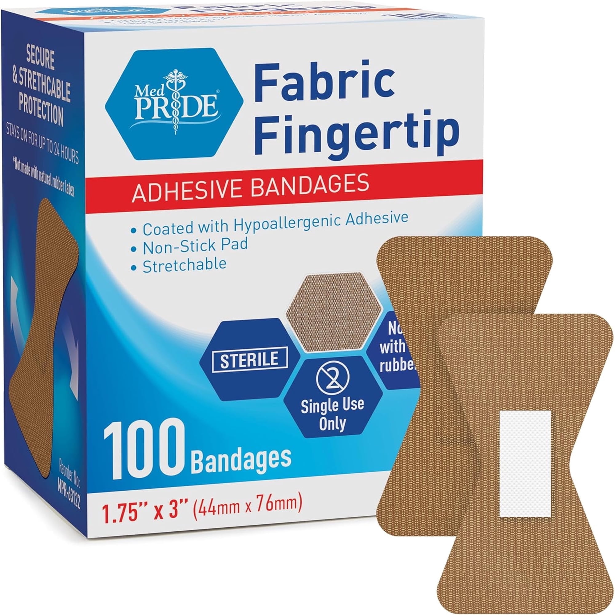 MED PRIDE Sterile Fingertip Fabric Bandages 1.75in X 3in Hypoallergenic Latex-Free Adhesive Finger Tip Bandages 100 Count for Sensitive Skin