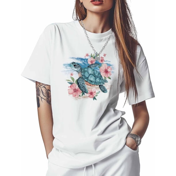 Womens Tops Sea Turtle Blue Cotton Short Sleeve Round Neck T-Shirt Trendy Comfortable, Pink Floral Watercolor