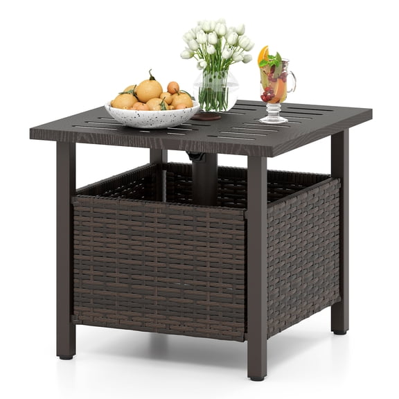 Topbuy Outdoor Side Table with 1.93" Umbrella Hole All-Weather PE Wicker Patio Umbrella Table with Rustproof Frame