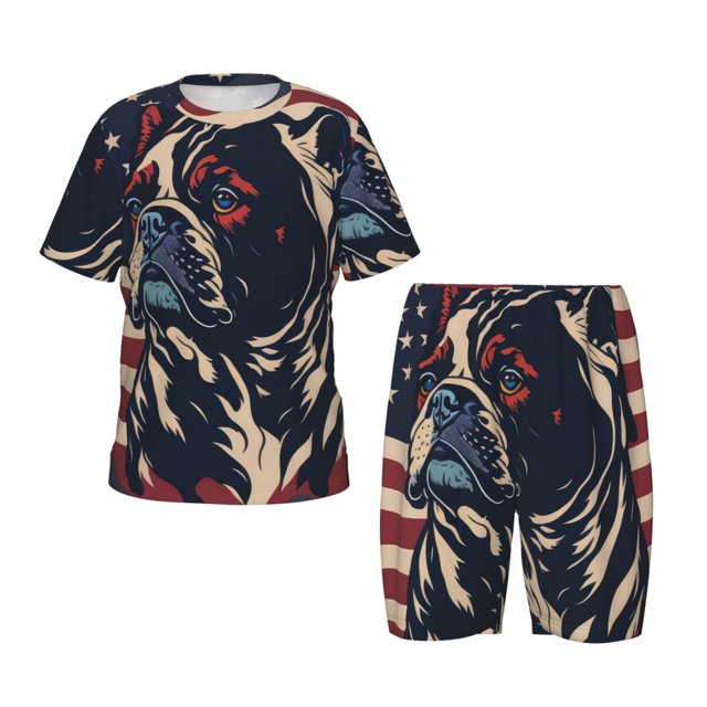 Fotbe Patriotic Bulldog Art Pijama Estampada de 2 Piezas para Niños – Ropa de Dormir de Manga Corta Cómoda para Niños y Niñas, Camiseta y Shorts de Algodón-Small
