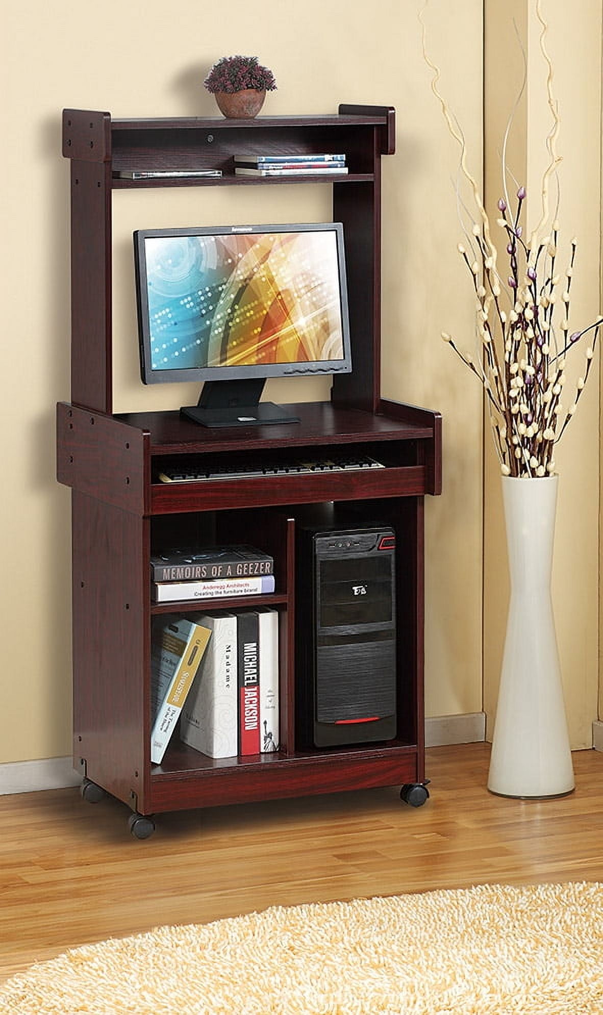 Euroco Multi-Purpose Microwave Cart Coffee Station Computer Cart with Hutch and Gliding Shelf on Locking Castors, Mahogany Finish