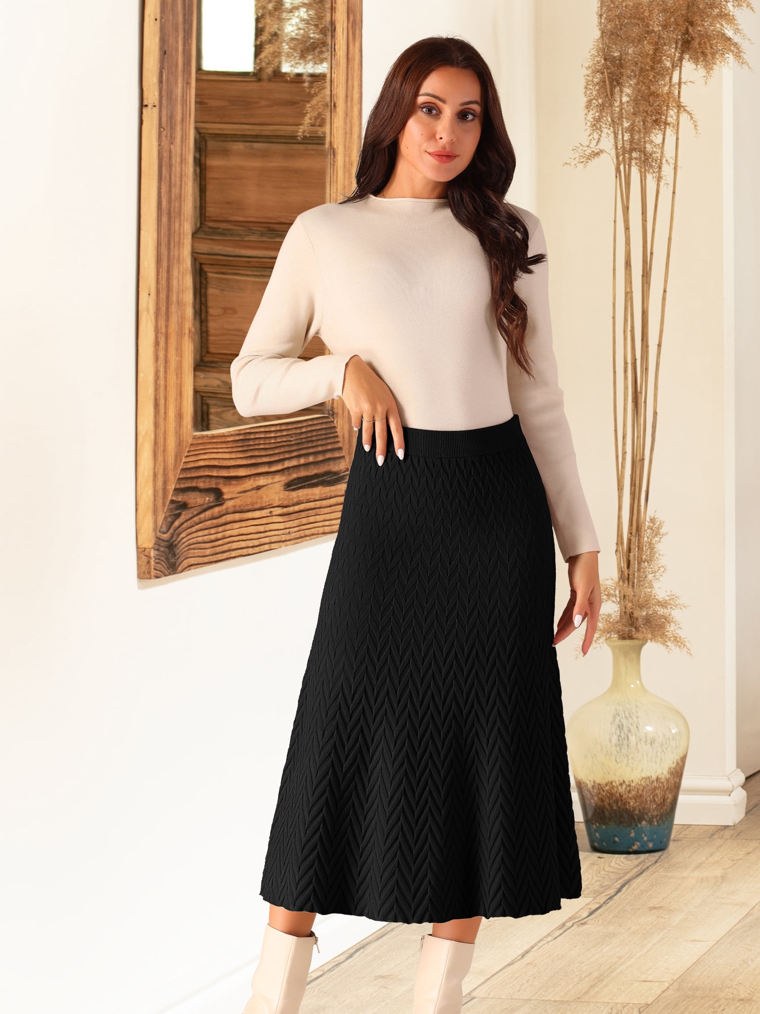 DARING DIVA Women's A-Line Skirts Stretchy Sweater Midi Skirt S Black