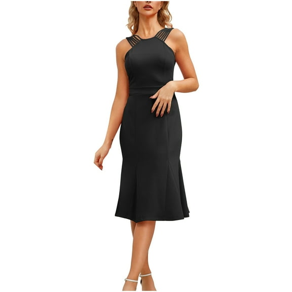 Lovskoo 2024 Spring Dresses for Women 2024 Trendy Casual Solid Color Sleeveless Round-Neck Ankle Dress Black-2XL