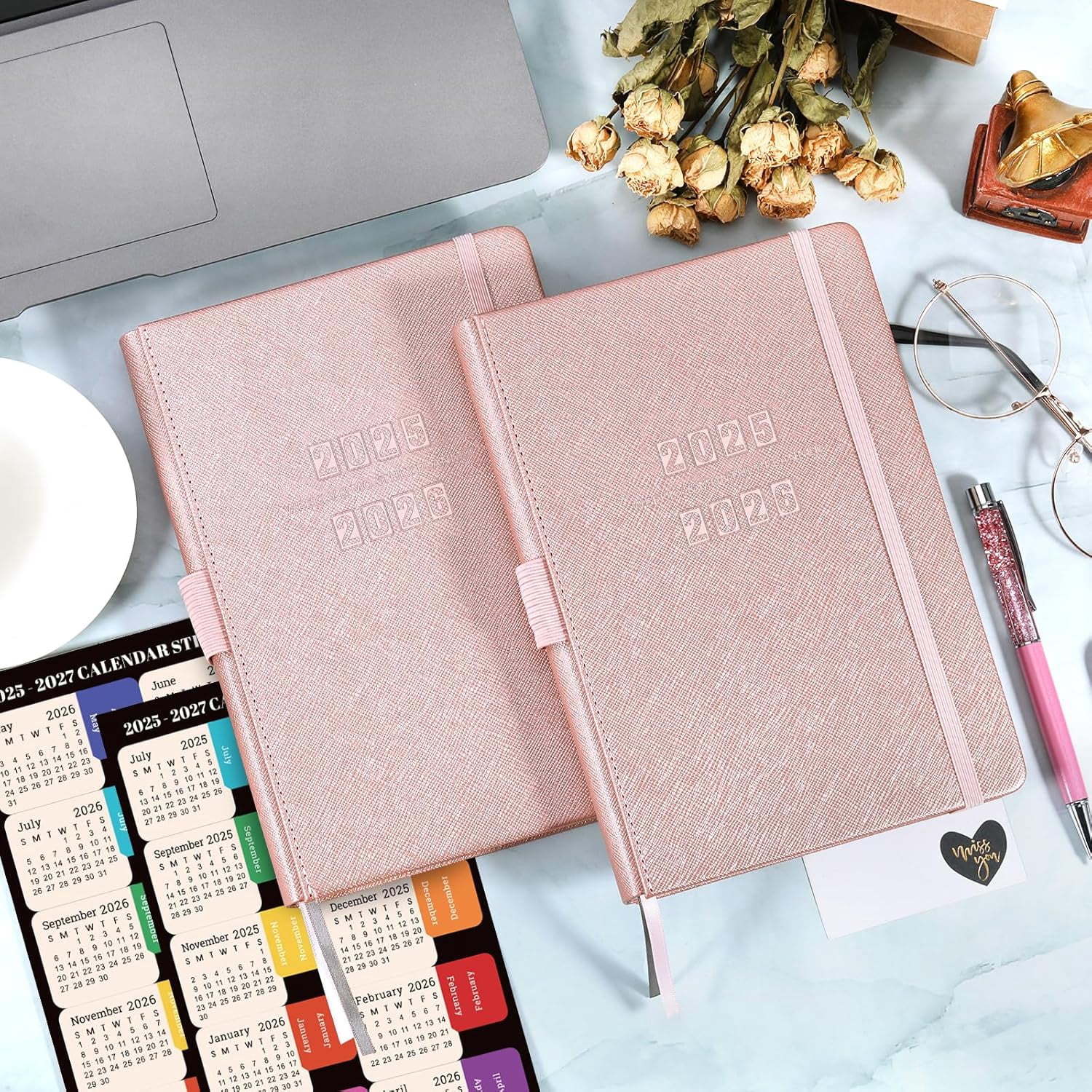 2025-2026 Planner - Academic planner 2025-2026, 25-26 Planner Weekly and Monthly, 5.75" x 8.25", Jul. 2025 - June. 2026, Saffiano Leather with Thick Paper, Back Pocket with 40 Notes Pages - Rose Gold