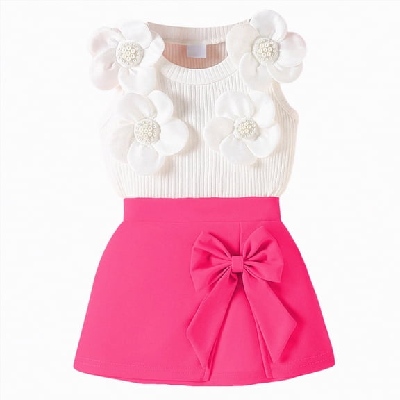 CAICJ98 Toddler Baby Girl Skirts Outfit Spring Summer Clothes Sleeveless Flower Knit Vest Top Bow Skirt Beret 3Pcs Set (Hot Pink,12-18 Months)