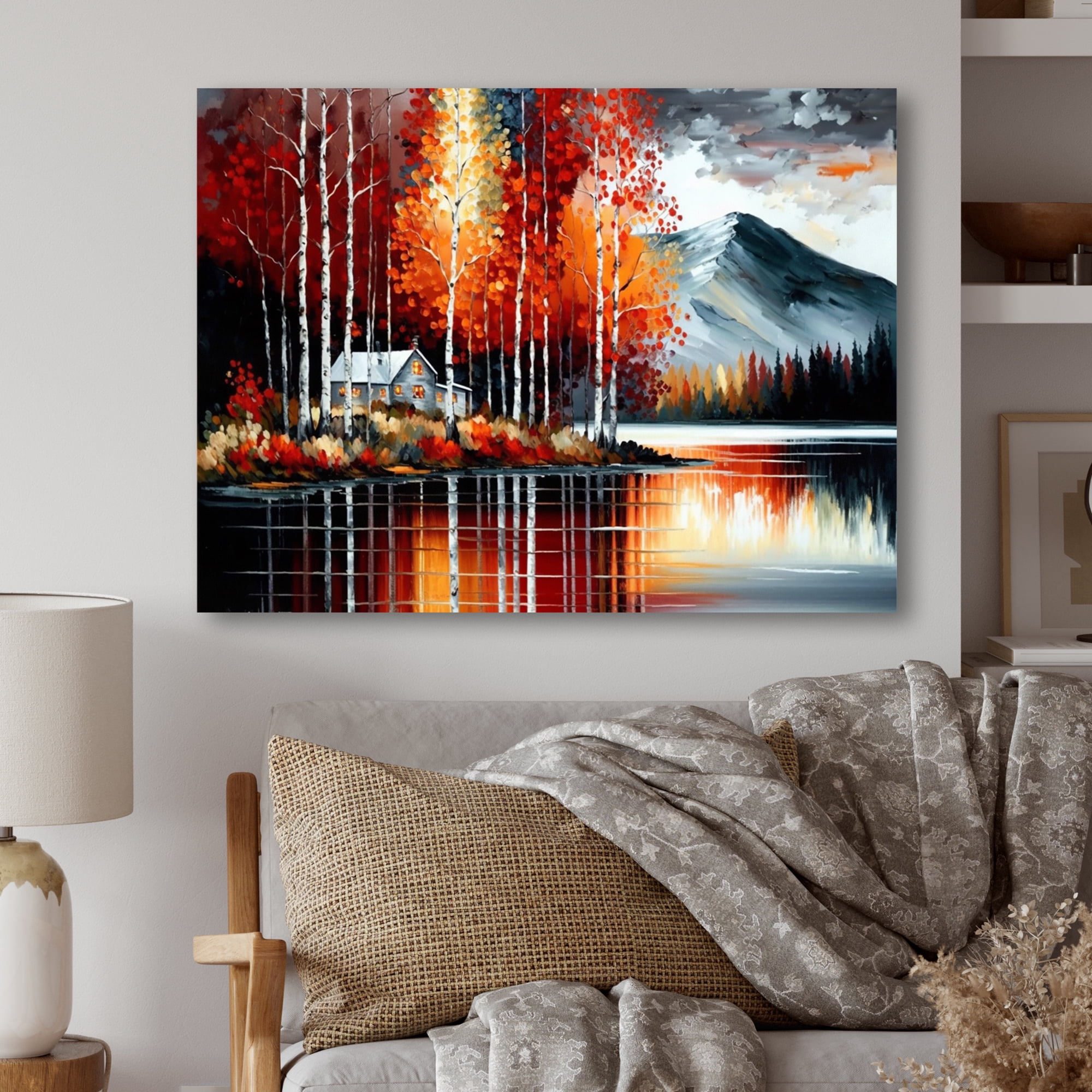 Designart Cabin By The Lake In Autumn II Canvas Wall Art