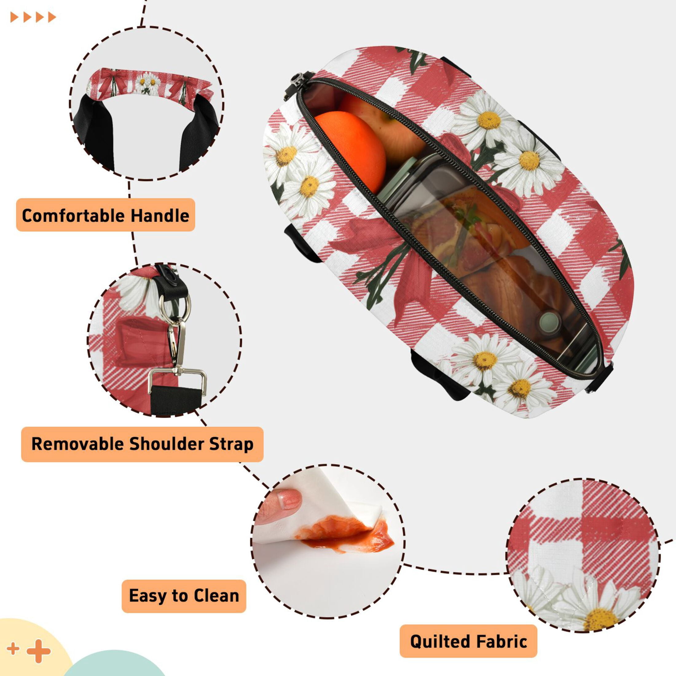 Red Plaids with Red Bows White Flowers Insulated Lunch Bag Reusable Quilted Lunch Box Waterproof Leakproof Lunch Container