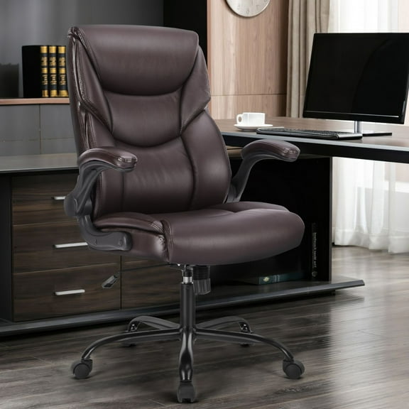 GIANNA Heavy Duty Ergonomic Computer Gaming Office Chair, With Wheels, Flip-up Arms, Adjustable Height, PU Leather, Brown