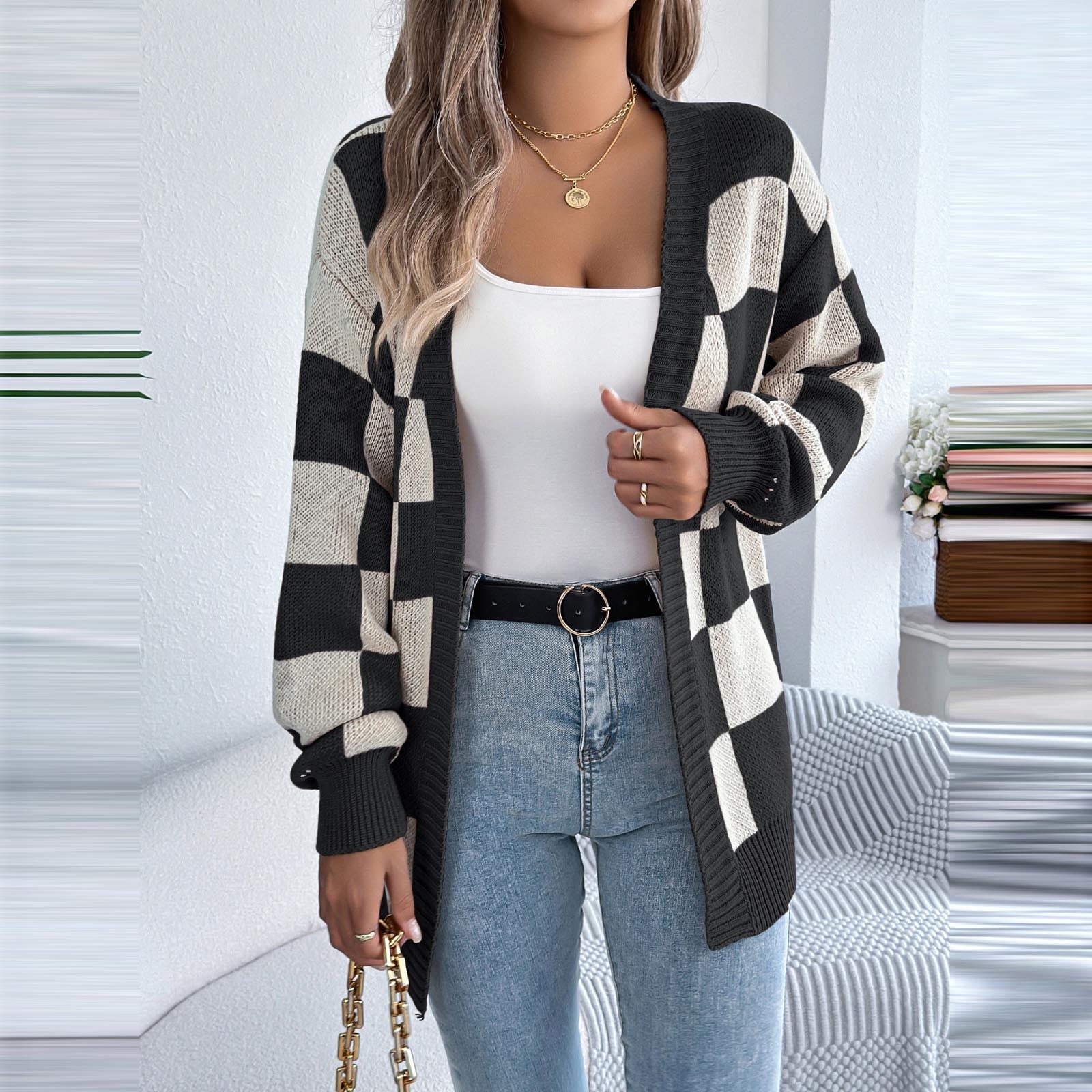 Women's Oversized Cardigan Sweater Checkered Open Front Shurg Jacket Fall Outerwear Black M - image 4