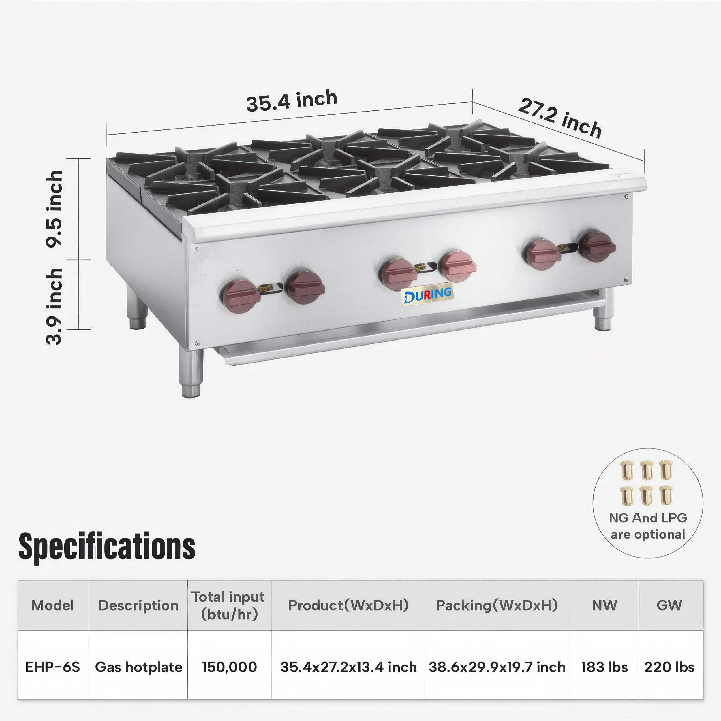 DURING D-HP36 36" Commercial Countertop Gas Range - 6 Burner Gas Stove with 150,000 BTU