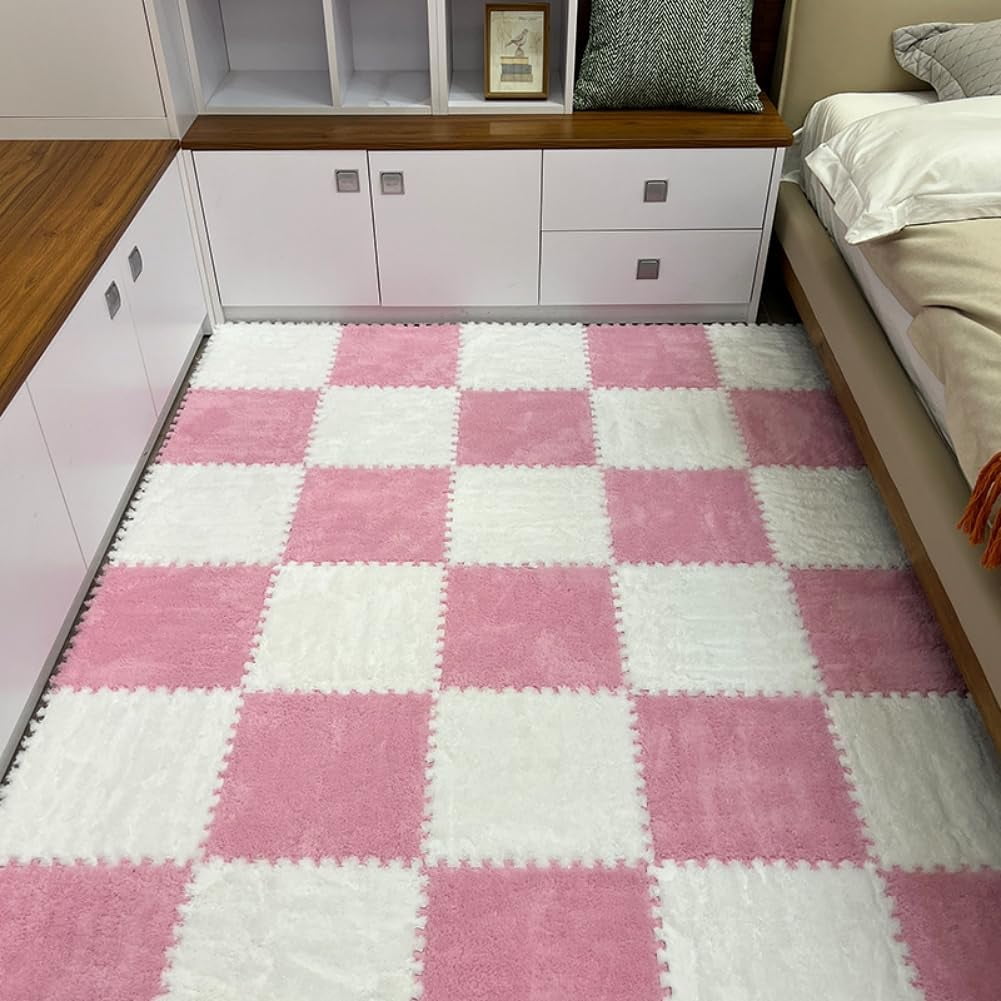 12pcs Carpet Squares Puzzle Floor Mat, Plush Interlocking Carpet Tiles, Anti Slip EVA Foam Jigsaw Floor Tiles, Build A Safe Area for Bedroom Playroom (Beige+Black)