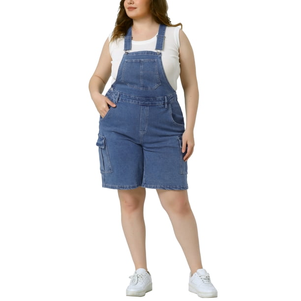 Pantalones cortos de tirantes ajustables para mujeres GRACE & GRANDEUR de talla grande, mono con bolsillo de cargo, overoles de mezclilla en color gris azul 2X