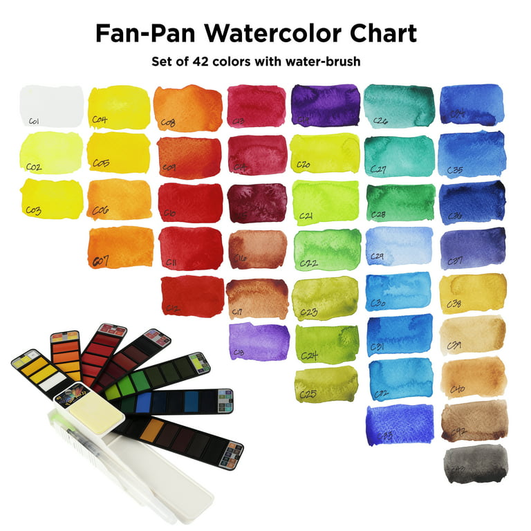 Fan Pan The Original Travel Watercolor Paint Set - 42 Assorted Colors Foldable Portable Smart Kit with Water Paintbrush for Easy Plein Air, Field & ou