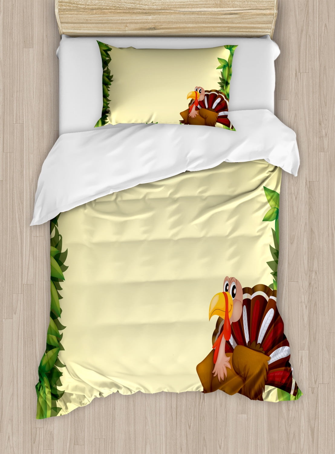 Kids Thanksgiving Twin Size Duvet Cover Set, Turkey with Happy