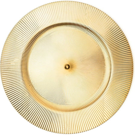 Simply Elegant Stripe Etched Plastic Charger Plate | Service Plate for Parties, Dinner, Weddings, Quinceaneras and Events | 13 inch Diameter | Gold- Gloss Finish | Set of 12