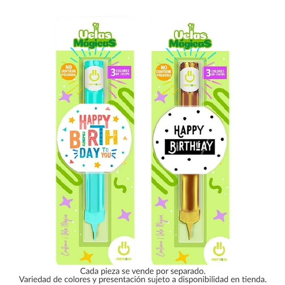 Vela de cumpleaños Mágica Party Is On Happy Birthday Varios Modelos 1 pza