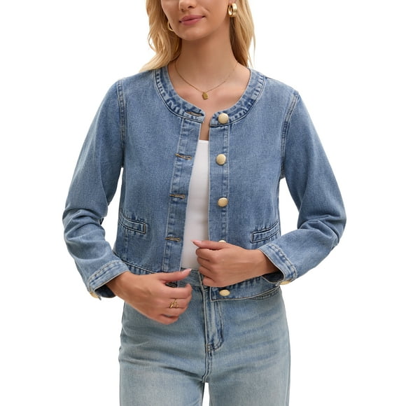 Women's Collarless Denim Jacket Long Sleeve 2026 Button Down Jean Jackets S Sky Blue