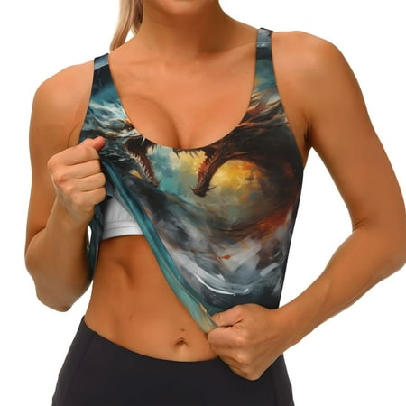 Qokaie White And Red Sketch Dragon Pattern Womens Scoop Neck Sports Bra Breathable Workout Vest Padded U Back Medium Impact Fitness Gym Yoga Bra Workout Crop Top