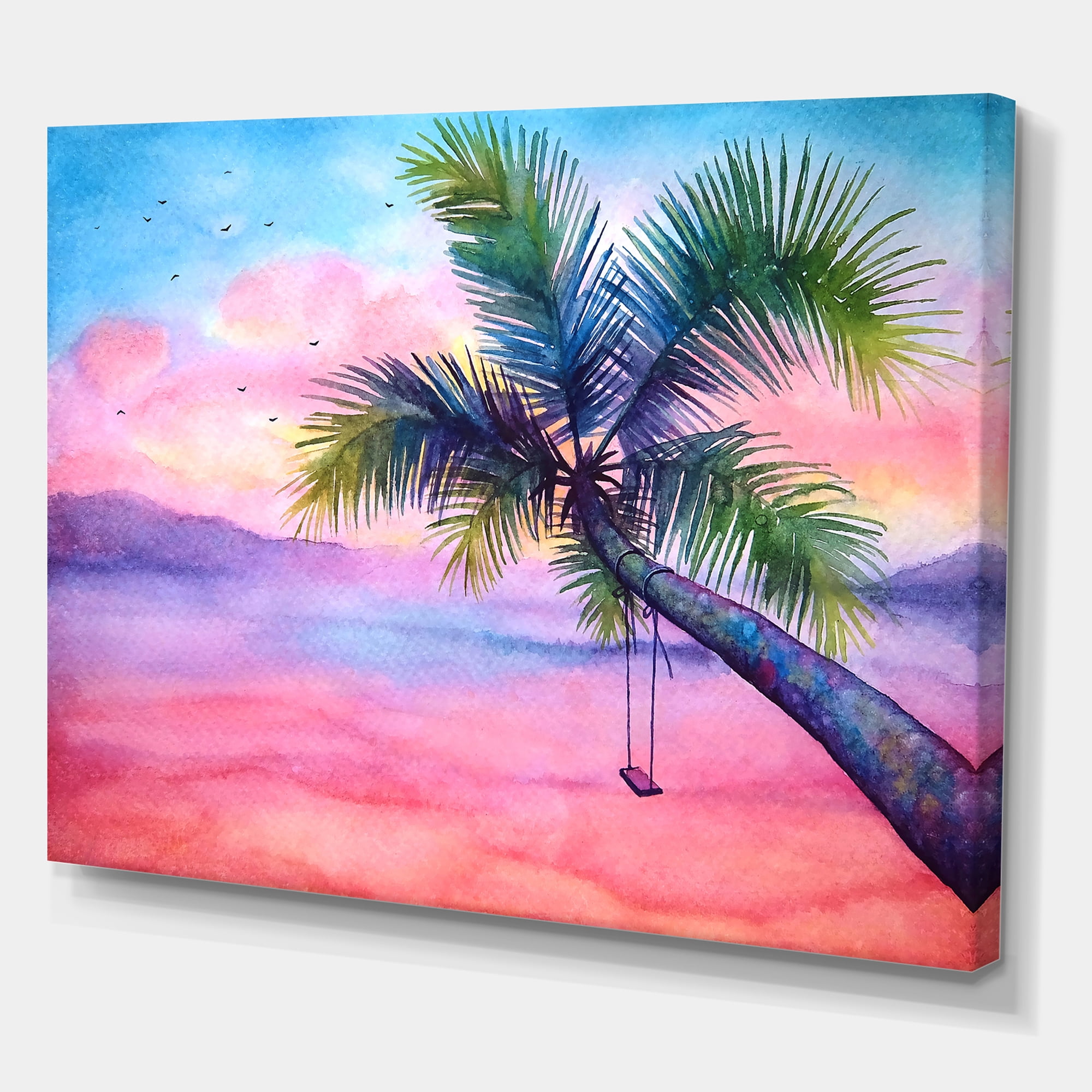 Designart ' Vivid Sunset Landscape With Swing and Palm ' Nautical & Coastal Canvas Wall Art Print