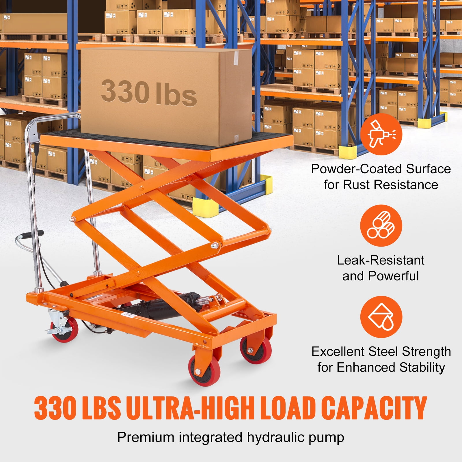 KFFKFF Hydraulic Lift Table Cart, 330lbs Capacity, 50" Adjustable Height, Manual Double Scissor Design with 4 Wheels and Non-slip Surface, Ideal for Material Handling and Transport