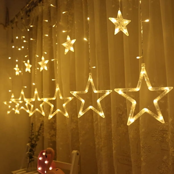 Twinkle Star 12 estrellas 138 luces LED para cortina, luces para cortina de ventana con 8 modos intermitentes, decoración de Ramadán para bodas (blanco cálido)
