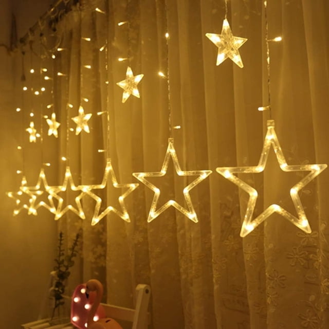 Twinkle Star 12 estrellas 138 luces LED para cortina, luces para cortina de ventana con 8 modos intermitentes, decoración de Ramadán para bodas (blanco cálido)
