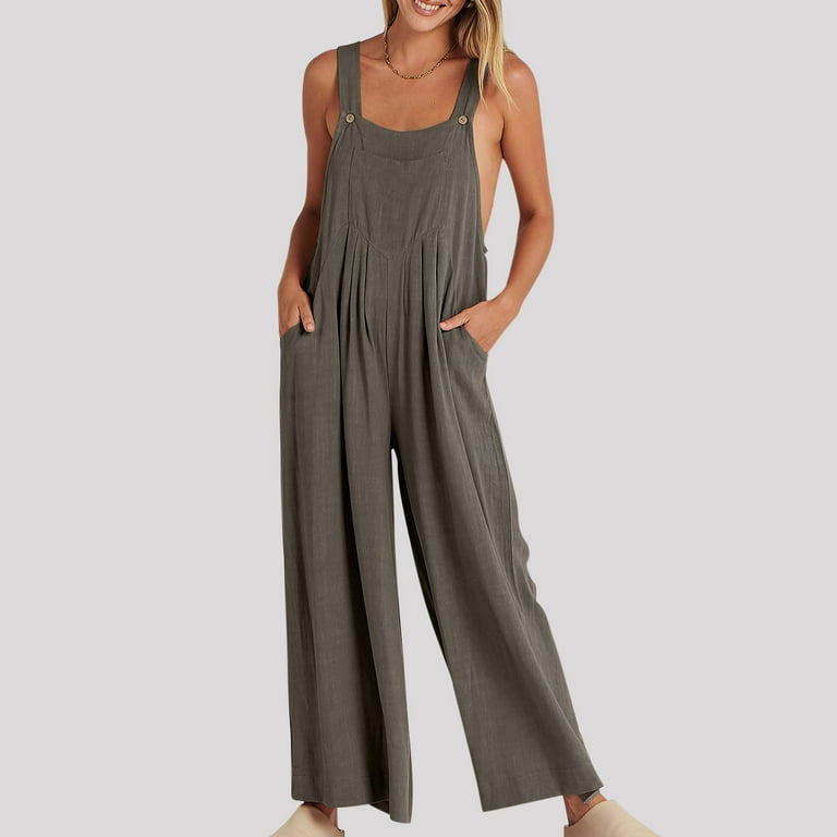 HAPIMO Wide Leg Cotton Linen Jumpsuit for Women Clearance Summer Relaxed  Baggy Pocket Sleeveless Trousers Casual Button Workout Fashion Solid Sale