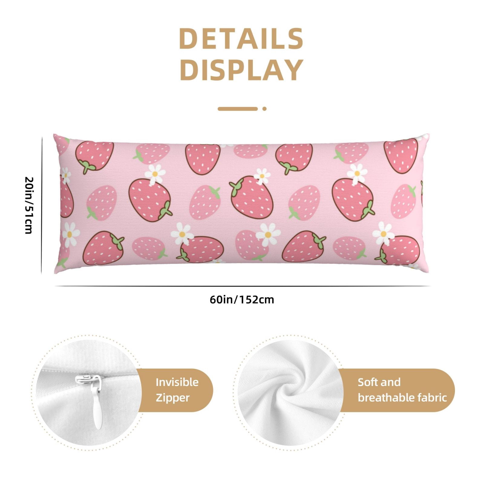 Naloa Strawberries Super Soft 20x60 Body Pillow Case,Long Side Hidden Zipper（PILLOWS ARE NOT INCLUDED）