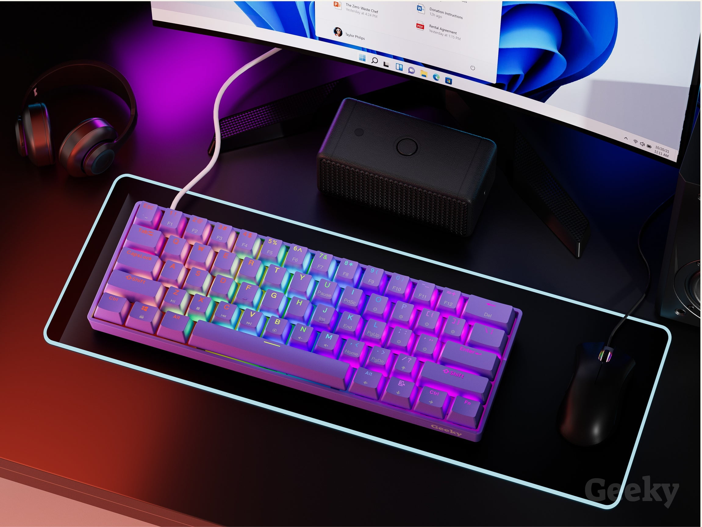 Geeky GK61 SE 60% | Mechanical Gaming Keyboard | 61 Keys Multi Color RGB LED Backlit for PC / Mac Gamer | ANSI US American Layout ( Lavender , Mechanical Red )