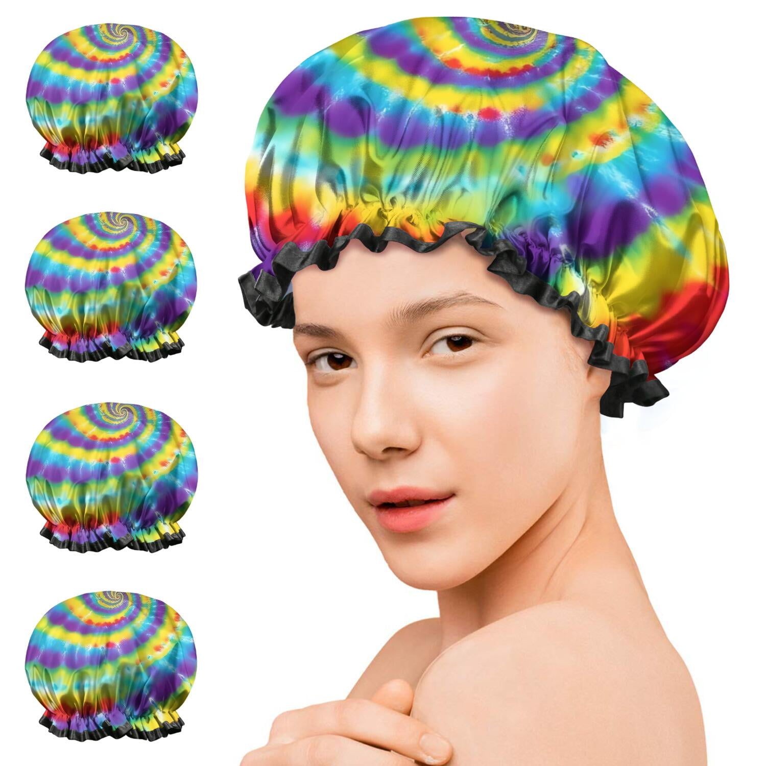 Shower Caps,Colorful Rainbow Tie Dye Spiral Pattern Waterproof Shower Cap for Women 4 Pieces,Double Reusable Hair Cover for Shower PEVA Elastic Stretch Hem