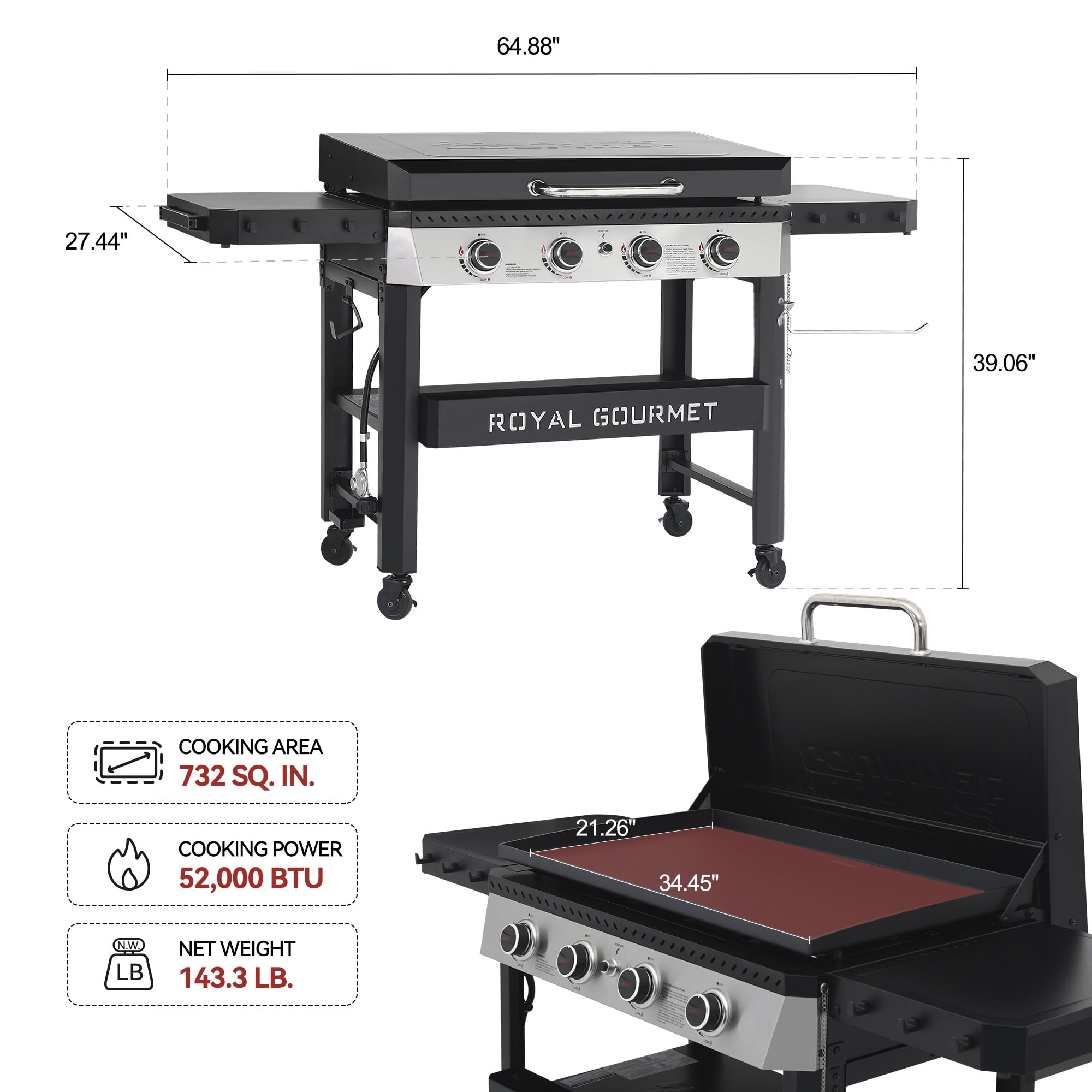 Royal Gourmet GB4007P 34-Inch 4-Burner Propane Gas Griddle with Hood, Griddle with Collapsible Side Shelves and Front Basket