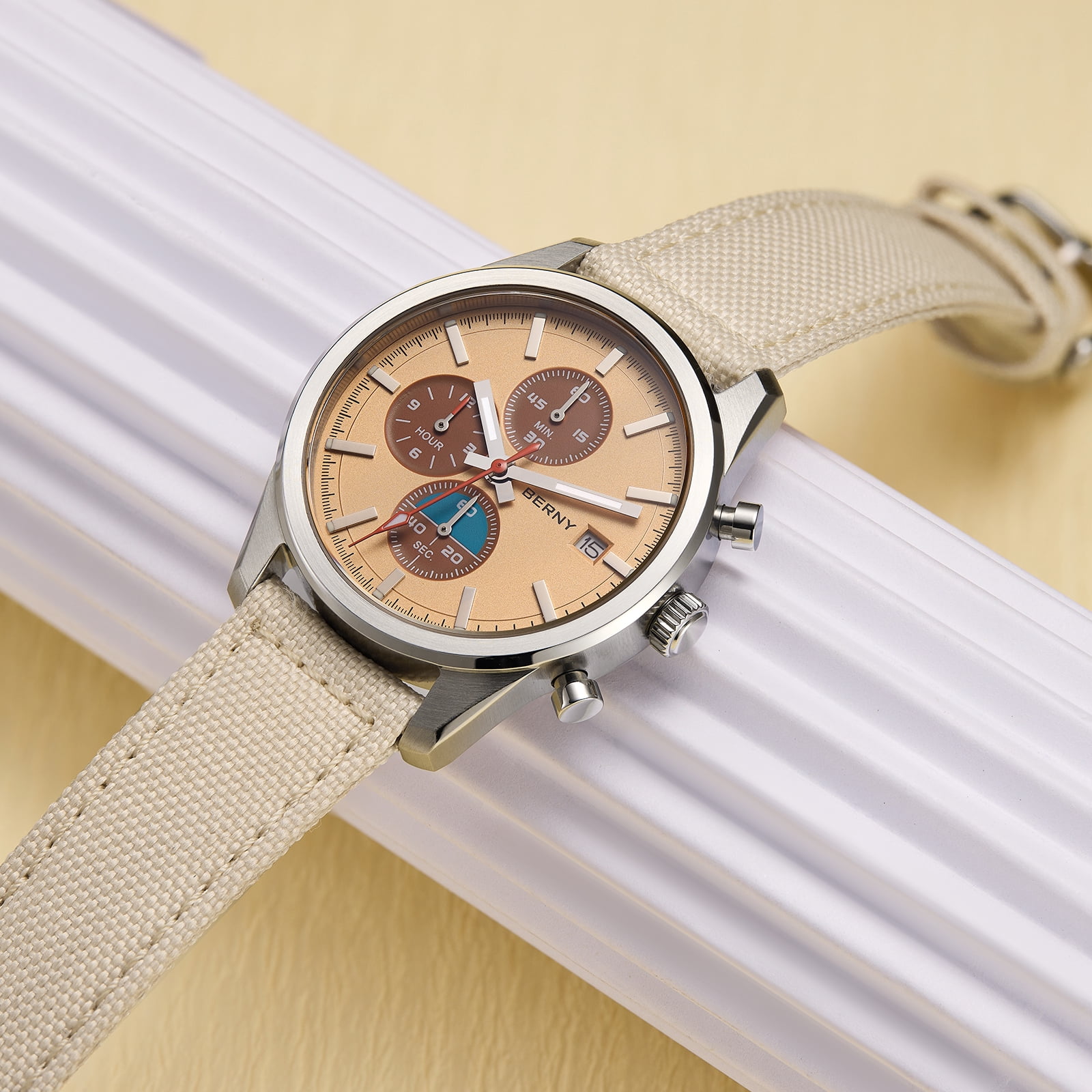 BERNY Mens Watches Analog Quartz Chronograph Watch with Date Canvas Strap Luminous Sapphire Crystal Luxury Fashion Business Casual 50M Waterproof Wrist Watches for Men (Brown)