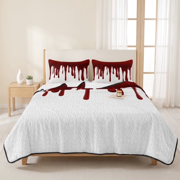 3 Pieces Queen Quilt Set,Halloween Blood Pattern Soft Bedding Sets with 1 Quilt & 2 Pillow Shams,Horror Red Fluid Style Summer Bedspread Lightweight Coverlet Comforter for All Season