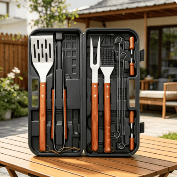 PLERISE 13-Piece Wooden Handle Grill Tools Set, Stainless Steel BBQ Utensils with Spatula, Tongs, Cleaning Brush and Compact Case