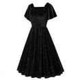 thumbnail image 3 of Meichang Women's Velvet Dresses Trendy Print Short Sleeve Square Neck Wedding Guest Dresses A-Lien Long Cocktail Party Ball Gown, 3 of 6