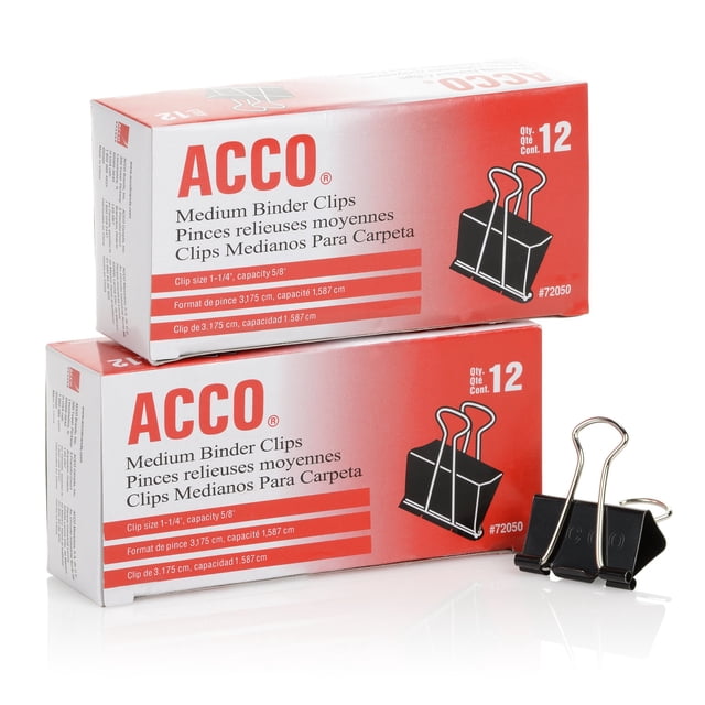 Binder Clips ACCO Medium Black 12 clips por caja (2 cajas)