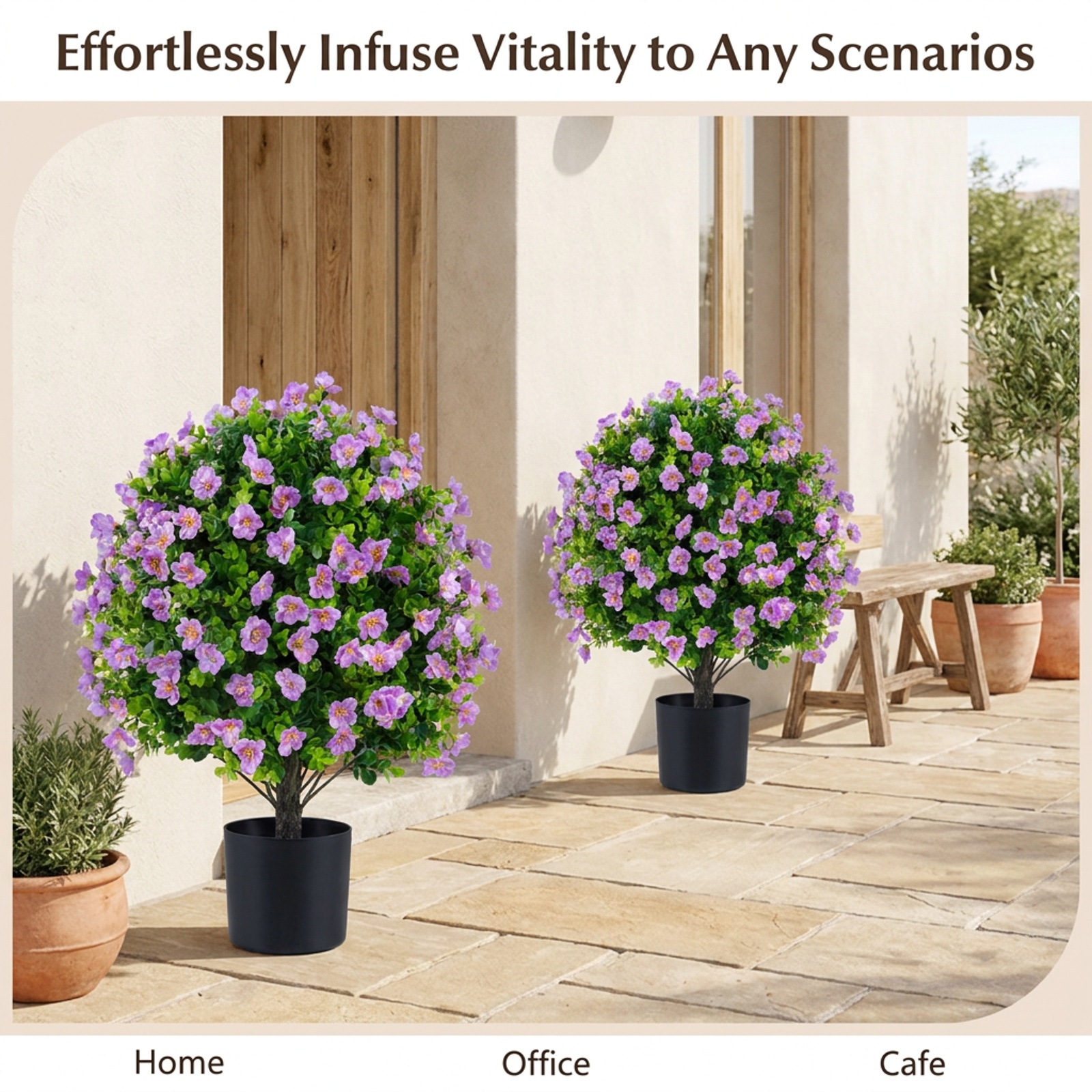 Vebreda Artificial Plant Decor, 2 Pack Artificial Eucalyptus Topiary Trees with Flowers and Cement Planter for Home, Lifelike Eucalyptus Bush