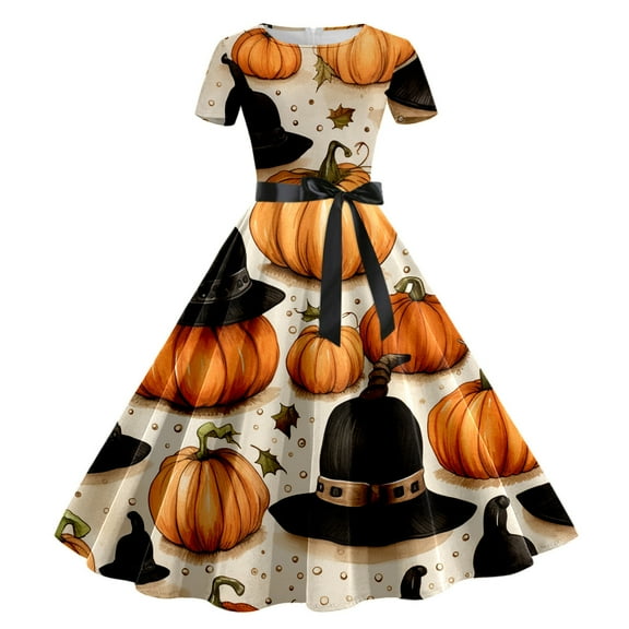 qelini Gothic Dresses for Women Hollween Retro Print Patchwork Round Neck Short Sleeved Dress Bowknot Fashion Evening Party Vintage Long Dress Orange XL