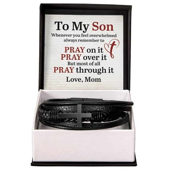 To My Son From Mom Pray on it Men's Cross Bracelet - Vegan Leather with Stainless Steel