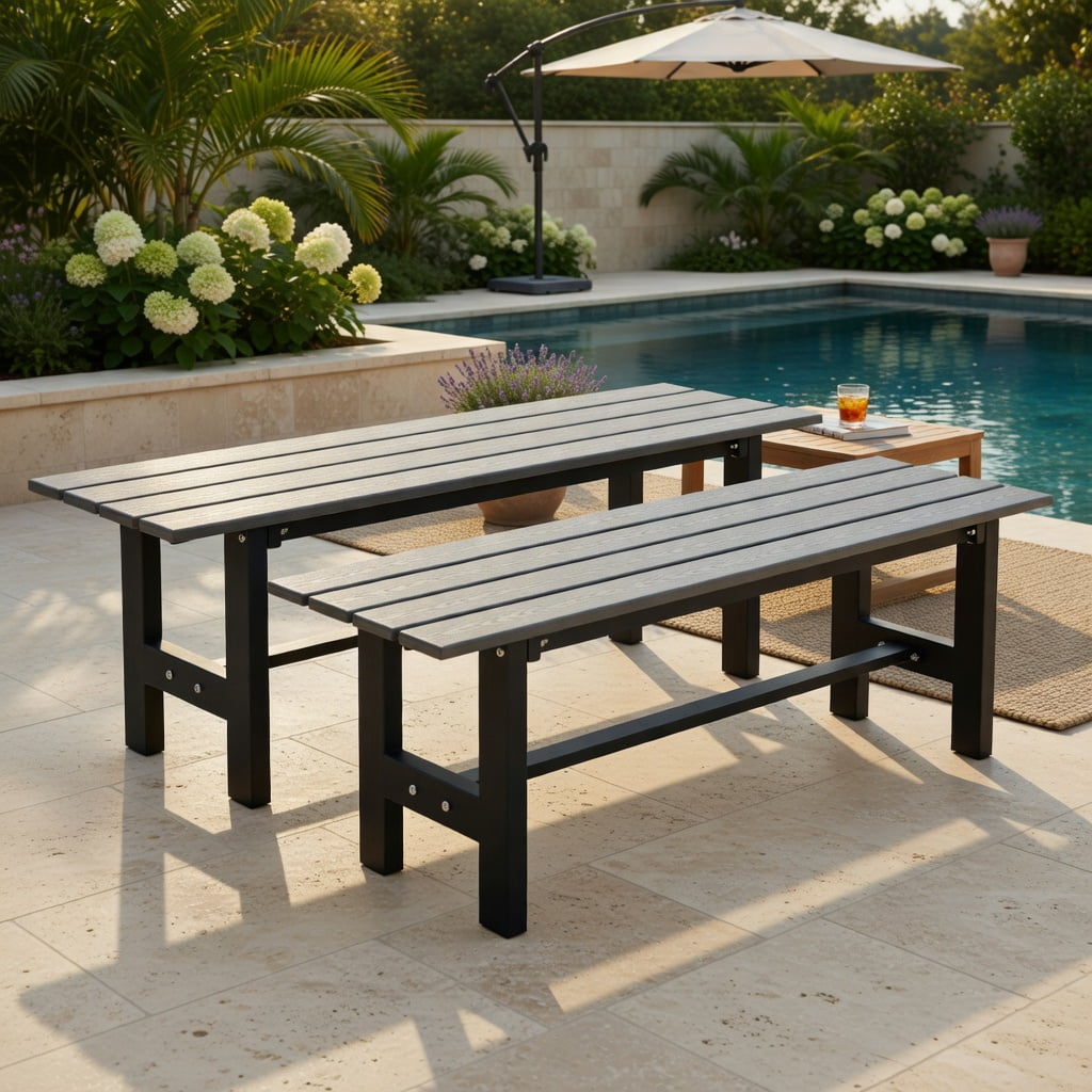 Hommoo 47" Outdoor Patio Bench Chair, Heavy-Duty Slatted Seat, Weather-Resistant HDPE & Powder-Coated Iron Frame, Gray