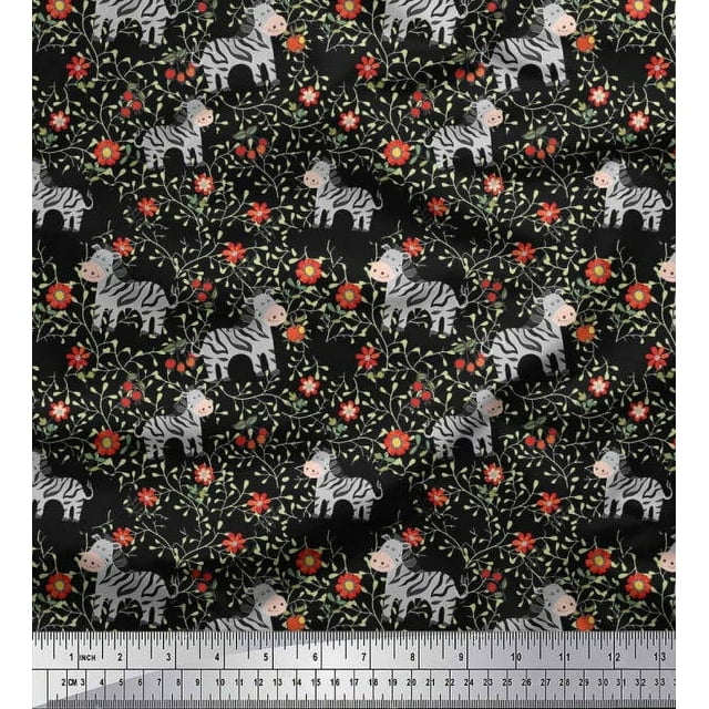 Soimoi Black Poly Georgette Fabric Leaves,Floral & Animal Cartoon Fabric Prints by Yard 52 Inch Wide