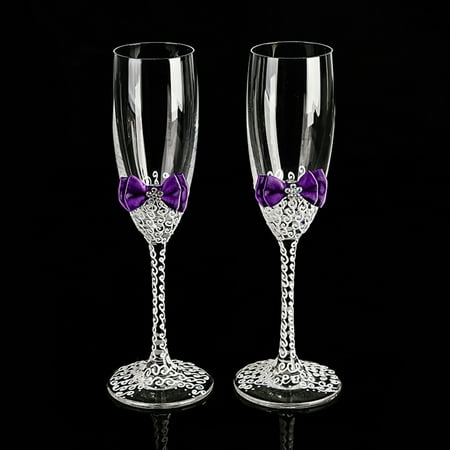 Tie Champagne Wedding Glasses Handmade Lace White Bride And Groom Flutes, His And Hers Flute - Wedding Gift