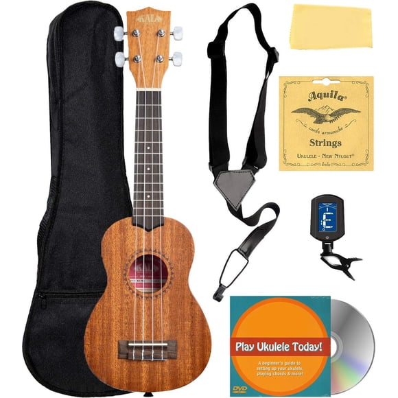 Kala KA-15S Paquete de ukelele soprano de caoba satinada con bolsa de transporte, afinador, correa, Fender Play, DVD instructivo de Austin Bazaar y paño de pulido