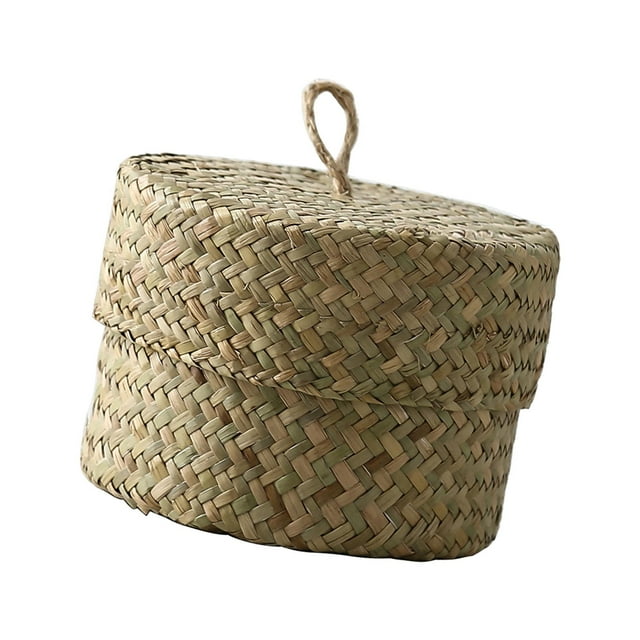 Cesta redonda de almacenamiento de pastos marinos con tapa Organizador de pastos marinos Caja de almacenamiento de refrigerios Contenedor doméstico