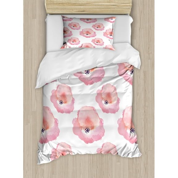 Watercolor Duvet Cover Set, Art of Repetitive Flower Silhouettes Paint Blots, Decorative 2 Piece Bedding Set with 1 Pillow Shams, Twin Size, Pink Coral, by Ambesonne