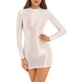 thumbnail image 1 of RUNQHUI Robe Moulante à Manches Longues Brillantes pour Femmes, Col Montant Extensible, Mini Robes Serrées Blanches, 1 of 6