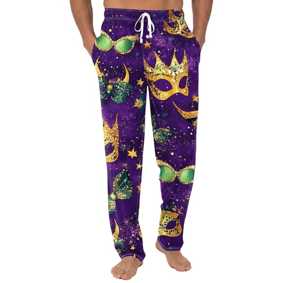 Fgvctg Mardi Gras Pajama Pants Mens Comfy Sleepwear Carnival Party Wide Leg Pajamas Mask Graphic High Waisted Pjs Pant Oversized Spring Drawstring Lounge Pants with Pockets Purple Pink 2XL