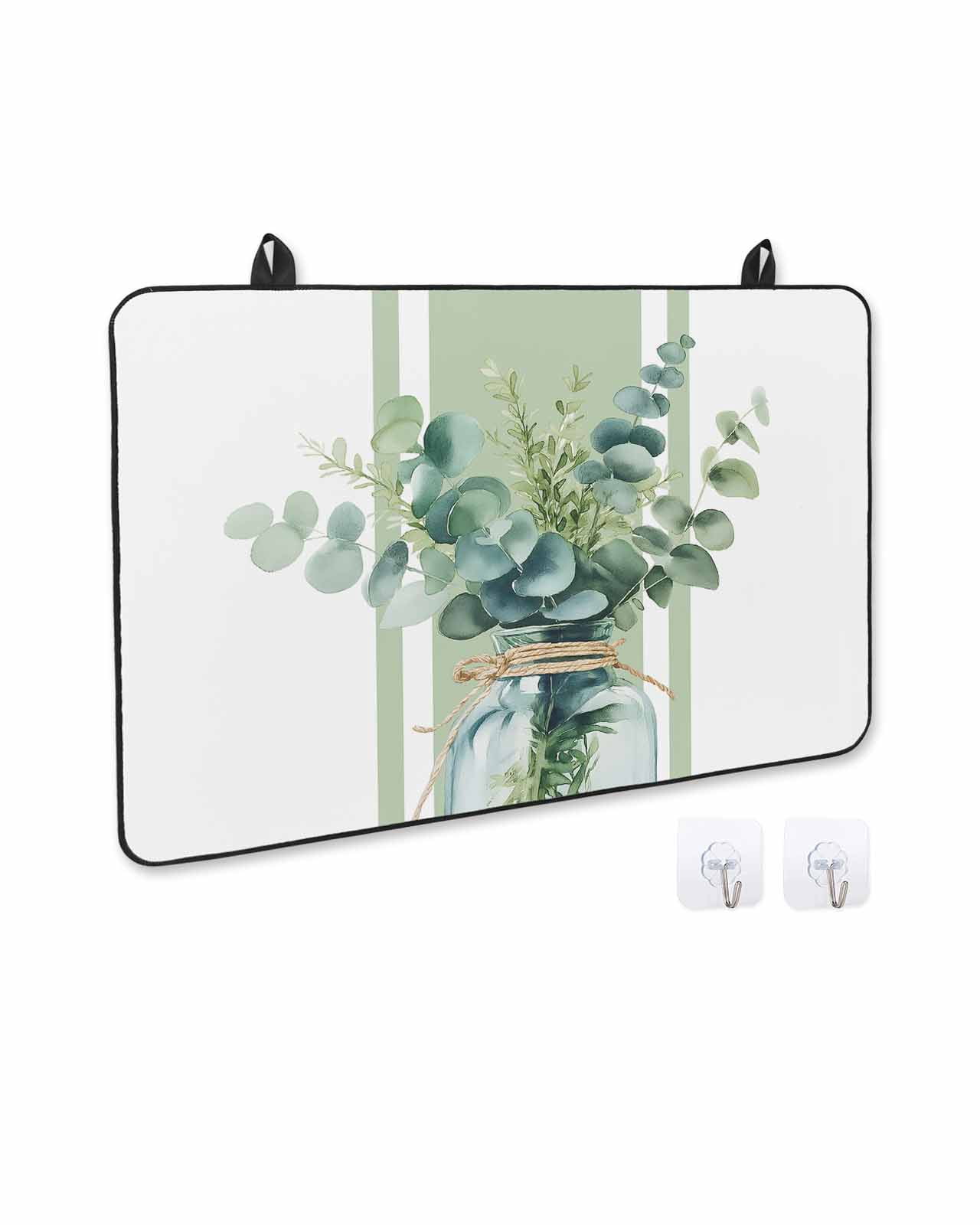 nqOlkjepod Large Induction Cooktop Protector Mat 24"x21", Sage Green Eucalyptus Leaves Stove Top Covers for Electric Stove, Farmhouse Stripe Botanical Stove Burner Cover Mats, Glass Top Stove Cover