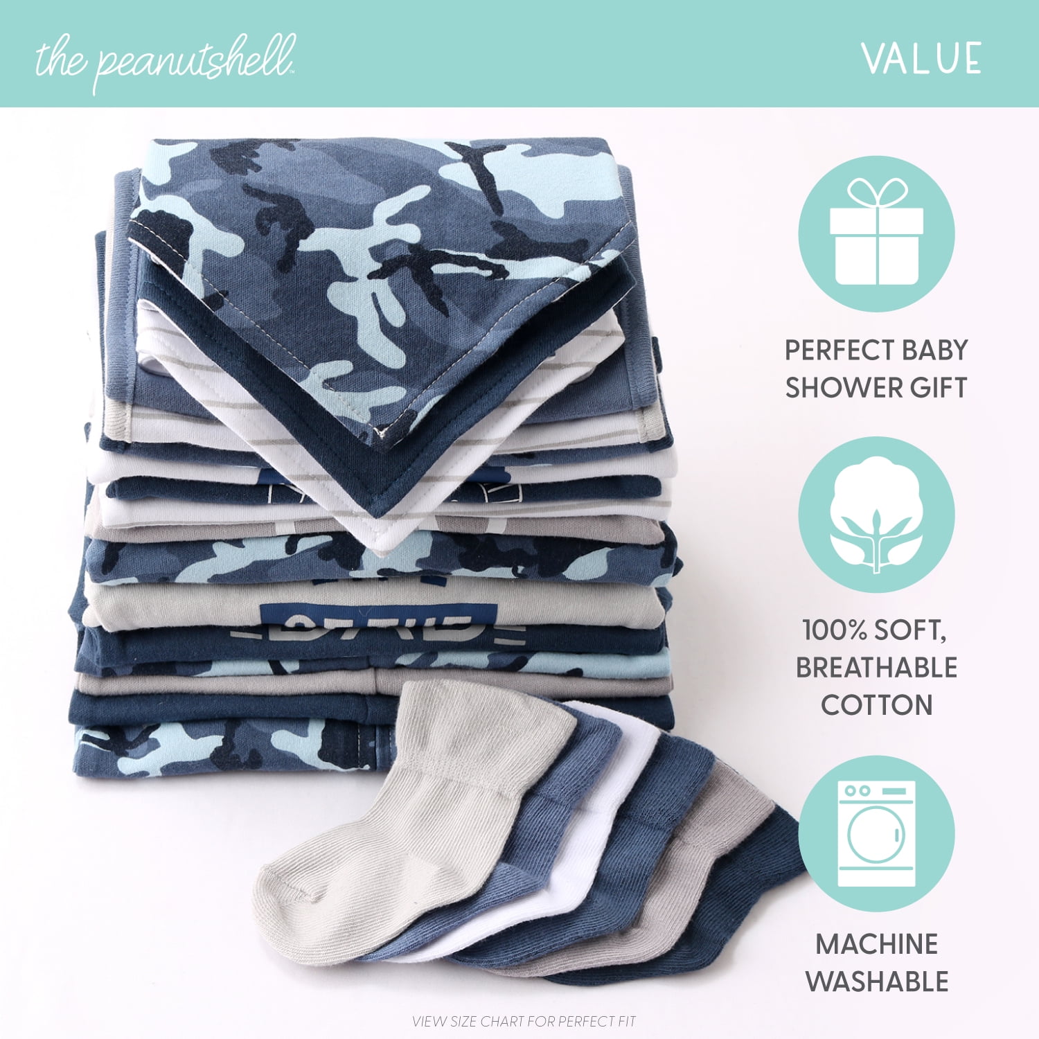 The Peanutshell Layette Gift Set for Baby Boys, Blue Camo, 23 Essential Pieces, 3-6 Months, Blue
