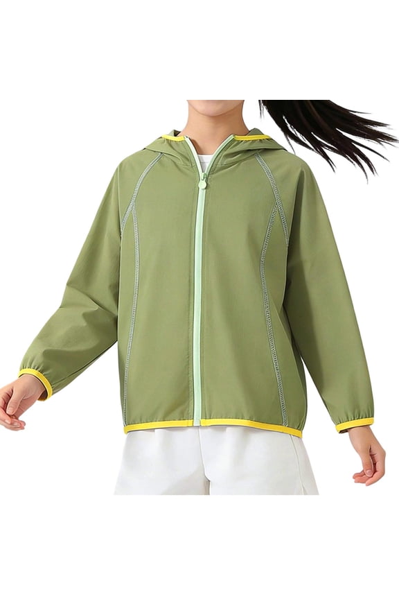 Girls' Summer Sun Protection Jacket, Lightweight Color Block Breathable Ice Silk Soft Stretch Outerwear Green Size 13-14 T